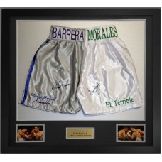 Marco Antonio Barrera & Erik Morales Signed & Framed Boxing Trunks Marco Antonio Barrera & Erik Morales Signed & Framed Boxing Trunks